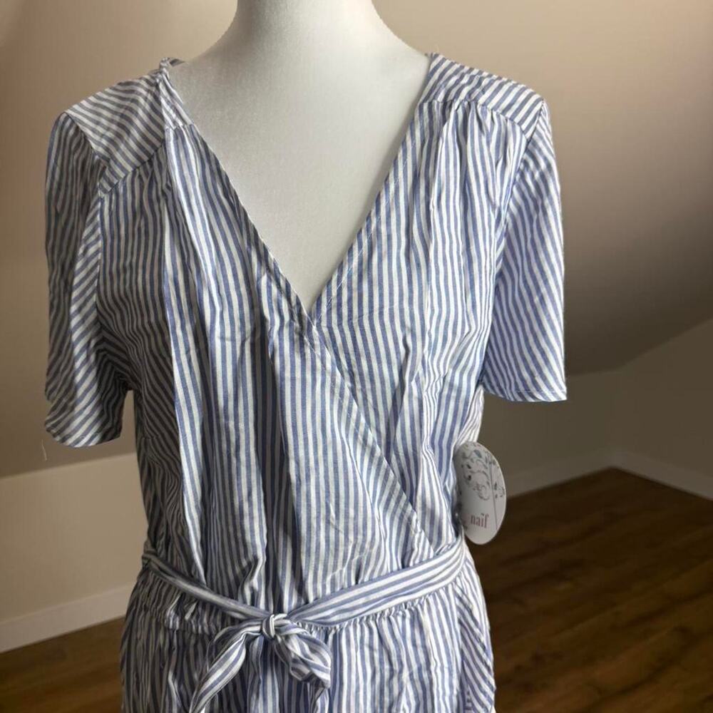 Naïf Blue & White Coastal Stripe Wrap Dress NWT Size L Beachy Cottagecore - Picture 2 of 6